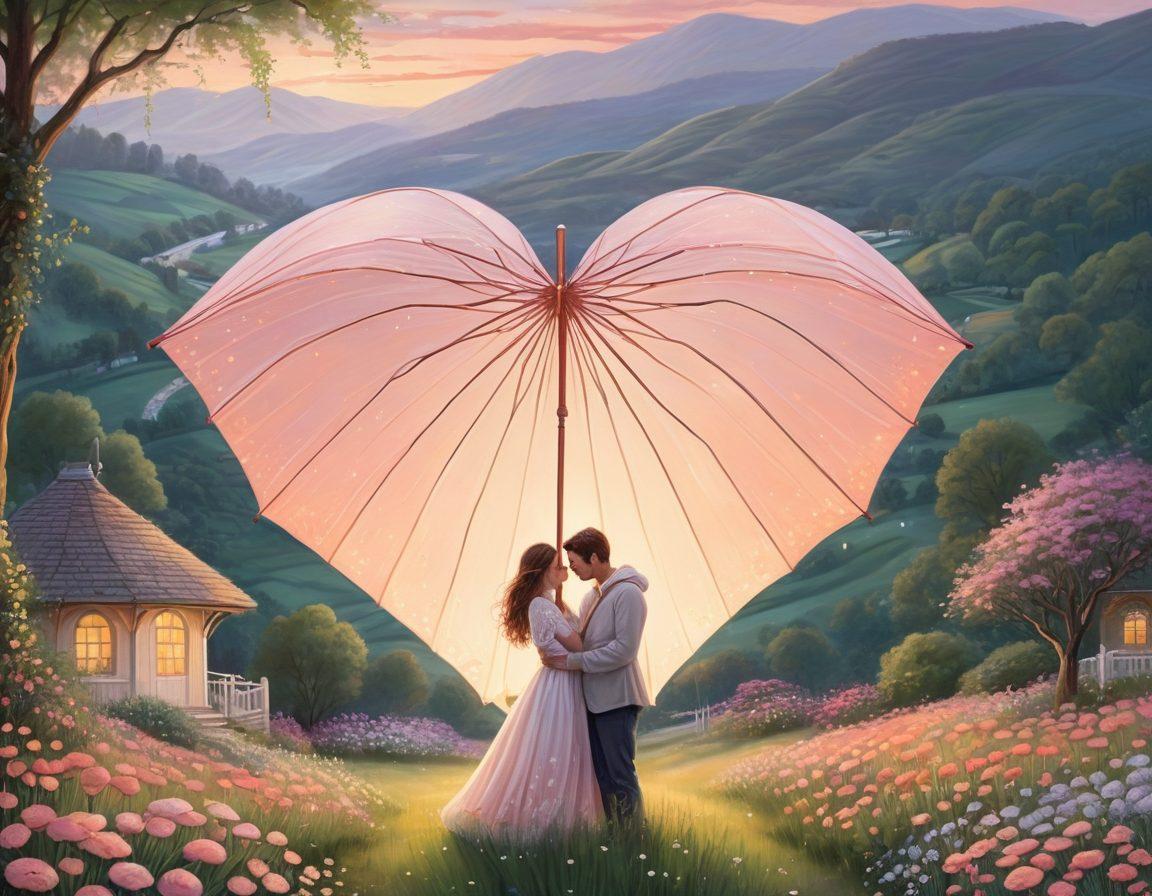 A serene and heartwarming scene depicting a couple embracing under a protective, oversized umbrella shaped like a heart, surrounded by symbols of love such as intertwined hearts, safety nets, and soft glowing lights. The background features a tranquil landscape with rolling hills and gentle flowers, enhancing the feeling of warmth and protection. The overall color palette should be soft pastel hues, radiating feelings of comfort and care. dreamy illustration. soft colors. whimsical style.