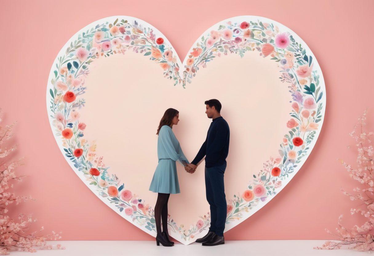 A serene couple holding hands surrounded by a heart-shaped protective shield made of inspirational quotes, representing love and relationship security. The background features soft, pastel colors with whimsical swirls, symbolizing emotional safety and comfort. Include delicate floral elements to enhance the romantic atmosphere. super-realistic. vibrant colors. soft focus.