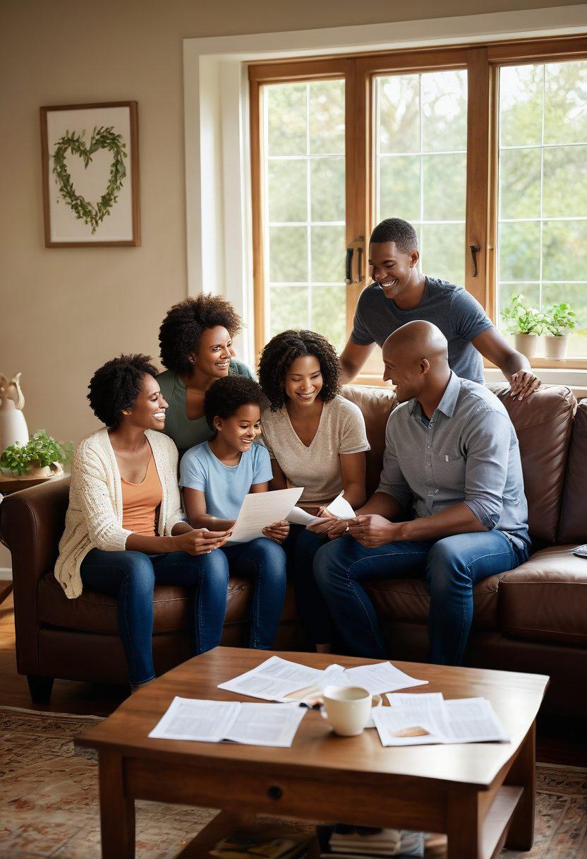 A warm family gathering in a cozy living room, showcasing a diverse family happily engaging in discussions about the future with insurance papers on the coffee table. Soft sunlight filters through the windows, illuminating smiling faces, while a large heart symbol subtly forms in the background with intertwining vines representing growth and unity. The scene conveys love and security for families. soft focus. warm colors. super-realistic.